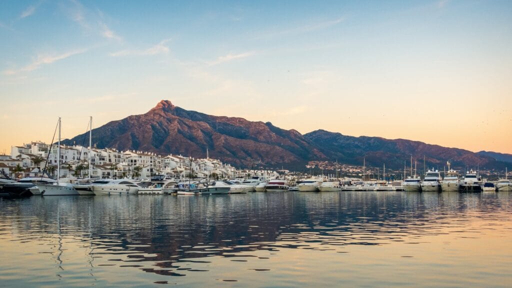 Marbella seafront with palm trees and Mediterranean sea